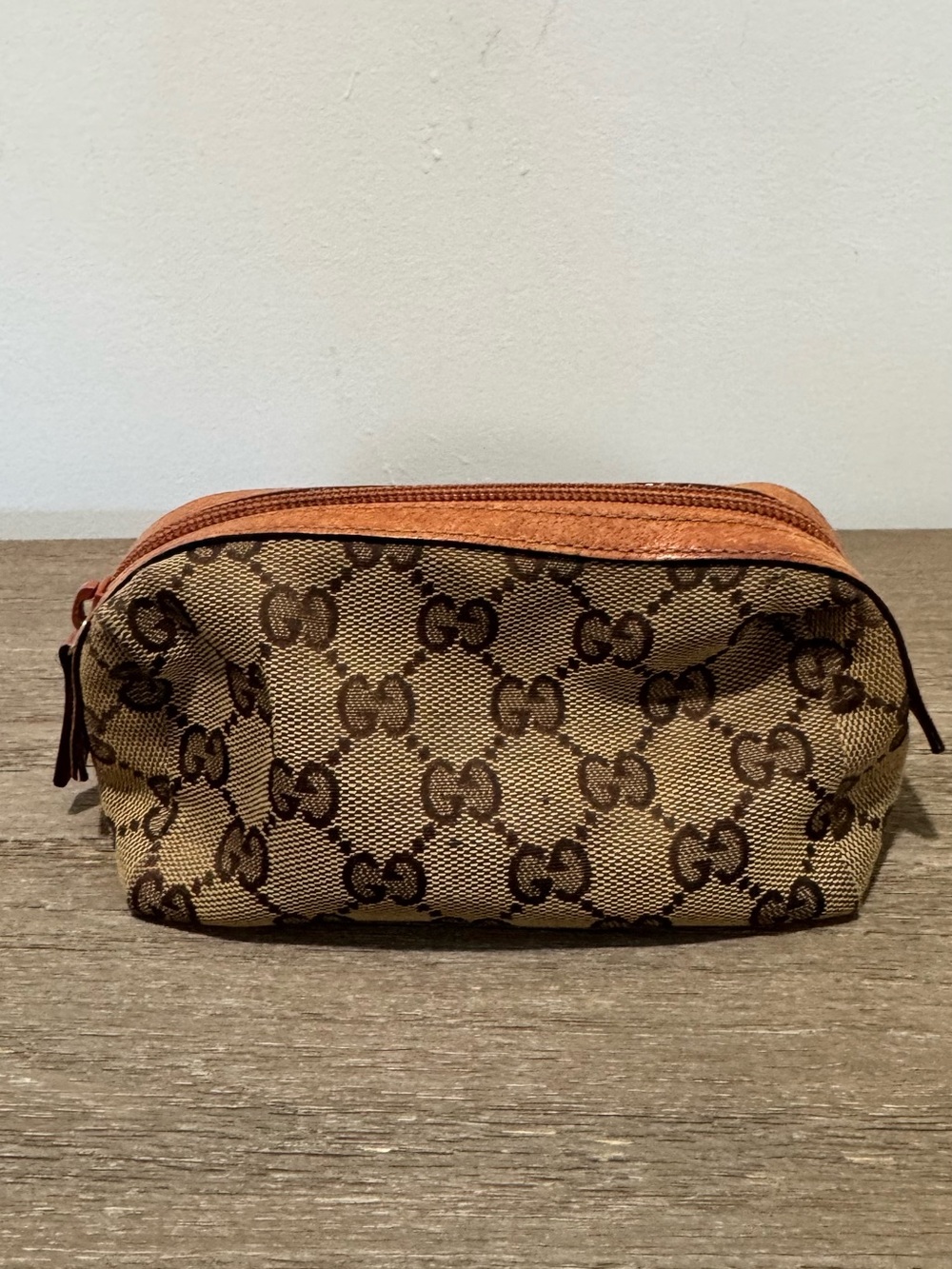 Gucci Brown Monogram Canvas Versatile Pouch with Tan Trim